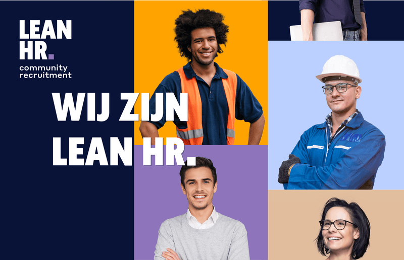 De nieuwe huisstijl van LEAN HR, met mensen uit het werkveld afgebeeld op verschillende kleurvakken